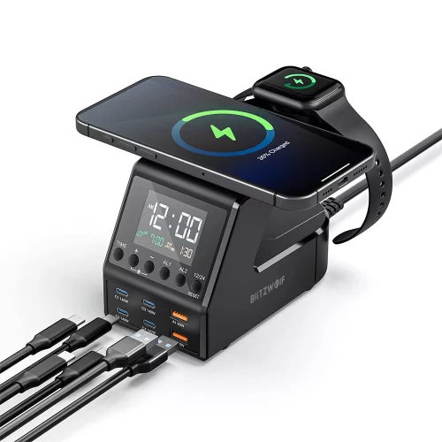 BlitzWolf® BW-FW10 - Caricabatterie rapido da tavolo e sveglia da 240W, 6 porte di ricarica USB (tipo C e USB-A) + ricarica wireless