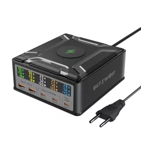   Caricabatterie rapido da tavolo BlitzWolf® BW-S28 260W 5x USB PD+QC3.0, 3x Type-C + 2x USB-A + porta di ricarica wireless Qi
