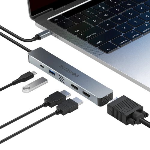 Hub USB BlitzWolf BW-NEW-TH11 5 in 1: 2 porte HDMI, trasferimento di potenza: 87 W, 1x USB-A 3.0, 1 porta VGA