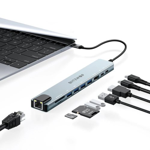 BlitzWolf BW-NEW-TH5 Hub USB 10 in 1: 1x porta HDMI, 4x USB-A 3.0, 1x RJ45, trasmissione di potenza: 100 W, lettore di schede SD