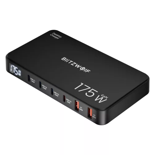 Blitzwolf® BW-S30 - Stazione di ricarica rapida USB da tavolo da 175W con display digitale, 6 porte USB (4 porte Type-C + 2 porte USB-A)