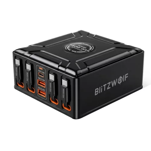 Caricabatterie da tavolo Blitzwolf® BW-S34 da 550 W con 7 porte USB PD e cavo retrattile - 5 USB-C + 2 USB-A con ricarica rapida QC PD