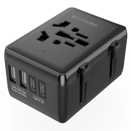 BlitzWolf® BW-TA1 - Convertitore da presa da viaggio UE-UK-US-AU e 2x caricabatterie USB tipo C + 2x caricabatterie USB-A