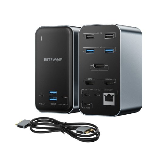 Blitzwolf BW-TH14 Docking station hub USB 15 in uno: triplo HDMI 4K, velocità USB 3.0 5 Gbps, jack 3.5, porta LAN - Porta display