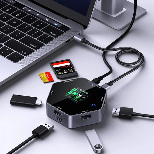 Stazione di docking HUB USB Blitzwolf BW-TH16: display LCD, Type-C, USB 3.1 Type C 3.1, HDMI 4K a 60 Hz, slot per schede SD/TF, 100 W PD