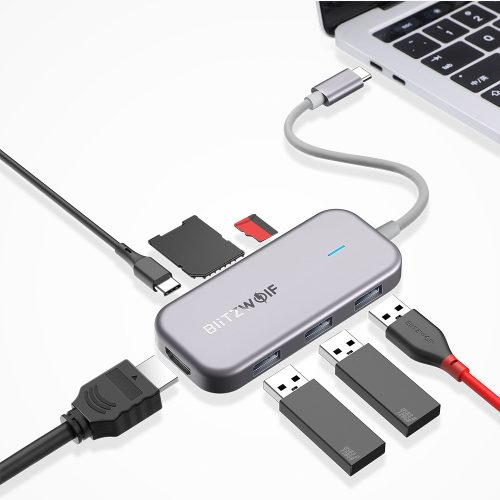 BlitzWolf® BW-TH5 Hub dati USB-C 7 in 1 con lettore di schede TF USB 3.0 a 3 porte, HDMI, ricarica USB-C PD