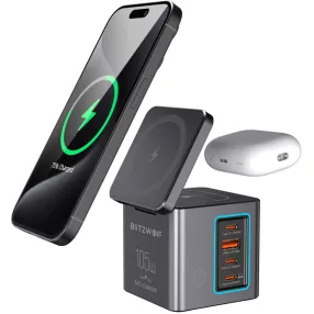  Blitzwolf BW-i113 - Stazione di ricarica da tavolo da 105 W - 3 porte USB-C + 1 porta USB-A + 2 porte di ricarica wireless (Qi)