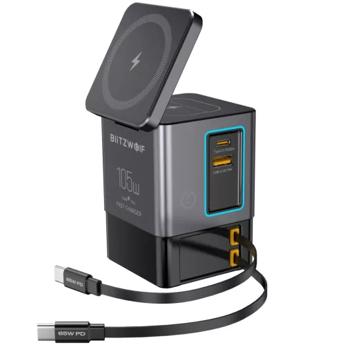 Blitzwolf BW-i116 Max - Tazione di ricarica da tavolo - Con cavo Type-C retrattile integrato e ricarica wireless (Qi), total: 6 port