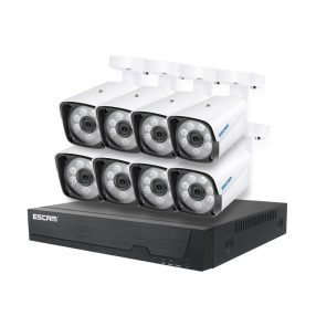   ESCAM PVR608 - Custodia in alluminio da 8 pezzi, telecamera IP cablata per esterni (POE) + unità centrale (NVR): 1080P