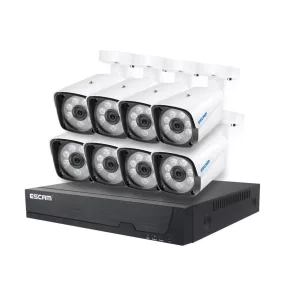   ESCAM PVR608 - Custodia in alluminio da 8 pezzi, telecamera IP cablata per esterni (POE) + unità centrale (NVR): 1080P