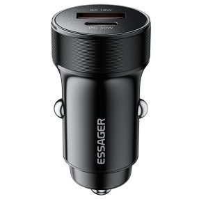   ESSAGER® ES-CC24 PD 30W - caricabatterie da auto in alluminio. 1 porta USB-A + 1 porta USB Type-C per ricarica rapida, chip intelligente - nero