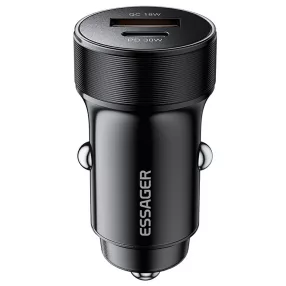   ESSAGER® ES-CC24 PD 30W - caricabatterie da auto in alluminio. 1 porta USB-A + 1 porta USB Type-C per ricarica rapida, chip intelligente - nero