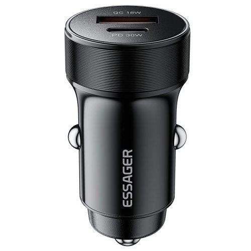 ESSAGER® ES-CC24 PD 30W - caricabatterie da auto in alluminio. 1 porta USB-A + 1 porta USB Type-C per ricarica rapida, chip intelligente - nero
