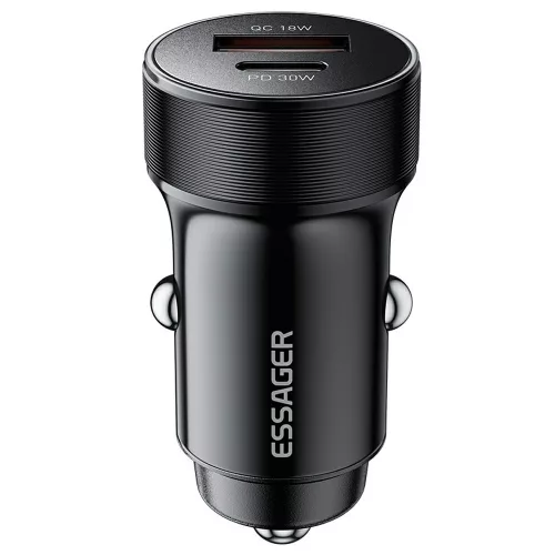 ESSAGER® ES-CC24 PD 30W - caricabatterie da auto in alluminio. 1 porta USB-A + 1 porta USB Type-C per ricarica rapida, chip intelligente - nero
