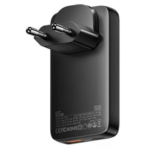 ESSAGER® ES-CD46 - Caricabatterie da parete USB ultra sottile da 65 Watt - 2 porte (1x Type-C + 1x USB-A) per Android, Apple e Windows