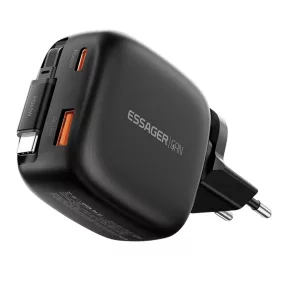   ESSAGER® ES-CD60 - Caricabatterie da parete USB da 65 Watt con cavo USB-C retrattile integrato - 3 porte di ricarica