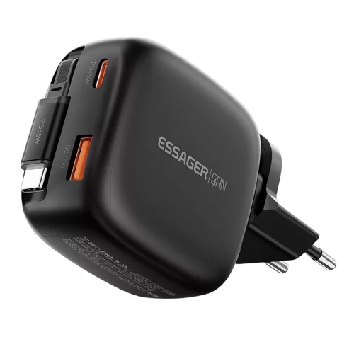 ESSAGER® ES-CD60 - Caricabatterie da parete USB da 65 Watt con cavo USB-C retrattile integrato - 3 porte di ricarica