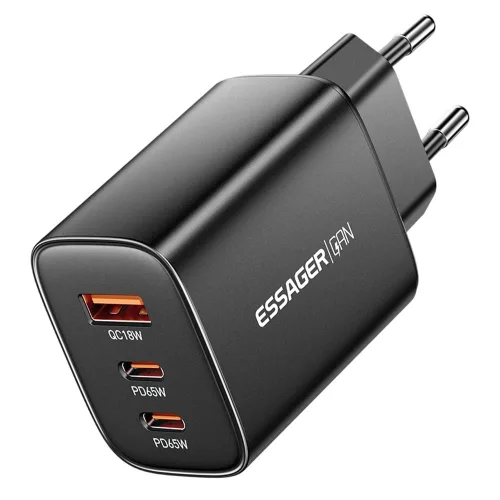 ESSAGER® RC65WCF - Caricabatterie rapido da parete GaN da 65 W con 2 porte USB-C + 1 porta USB-A. Per laptop, telefoni e tablet