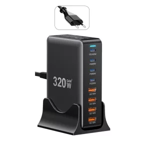   ESSAGER® YMX-320W – Caricabatterie rapido da tavolo USB da 320 W – 8 porte (4x USB-C + 4x USB-A) per Android, Apple e Windows