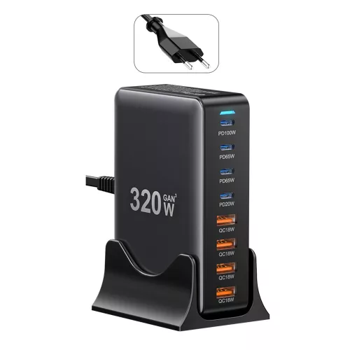 ESSAGER® YMX-320W – Caricabatterie rapido da tavolo USB da 320 W – 8 porte (4x USB-C + 4x USB-A) per Android, Apple e Windows