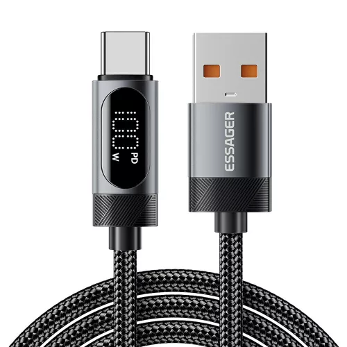 ESSAGER ES-X64 - 1 metri, Type-A - Type-C USB cavo. Display digitale, ricarica da 100 W, rivestimento in tessuto perlato