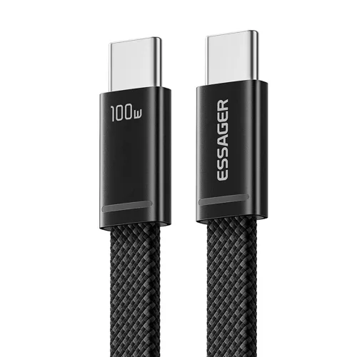 Cavo Essager ES-X85 USB-C a USB-C 100W PD Ricarica Rapida (0.25m) – Extra Corto, Connettore Piatto Slim, Intrecciato Nero