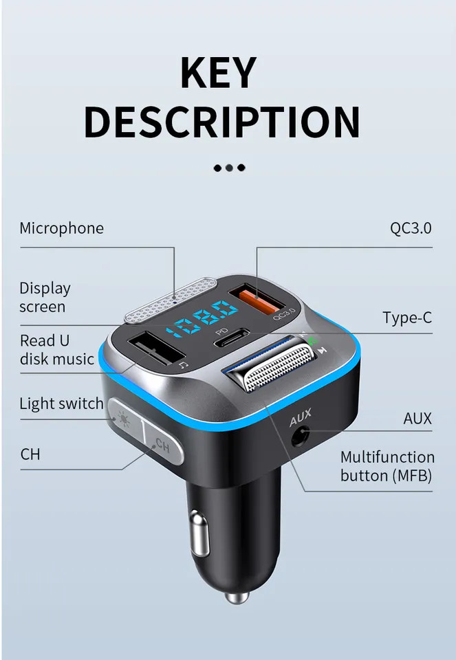 HiGi® - T73 Trasmettitore FM bluetooth V5.0 per auto e caric