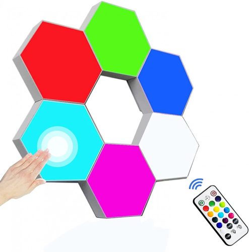 Lampada da parete colore Ningbo Hexagon - 6 pezzi, forma esagonale, colore RGB, montaggio a parete, telecomando + controllo sensibile al tocco