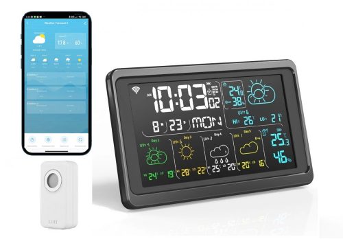 RSH® Weather01 WiFi - Stazione meteorologica intelligente. Visualizzazione temperatura, umidità, previsioni meteo per 5 giorni, indice UV, sveglia, ecc...