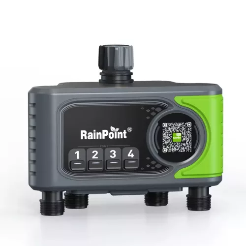 RainPoint® HTV405FRF  - Valvola di irrigazione a 4 zone per rubinetto da giardino - Portata 250 m, misurazione del flusso, controllo app.