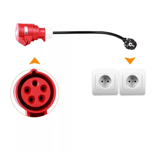 Cavo convertitore monofase-trifase, per la ricarica di auto elettriche - presa a muro monofase 1x16A (3,7 kW) a convertitore 3x16A (11 kW)