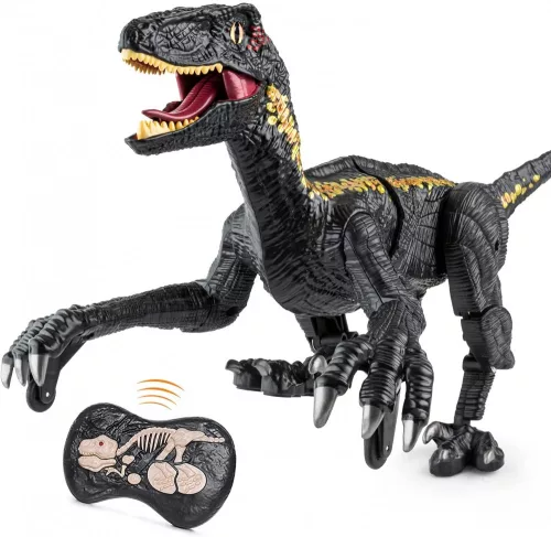 Giocattolo dinosauro telecomandato - effetti luminosi e sonori, modalità demo, lunghezza 30 cm, tempo di gioco lungo - nero