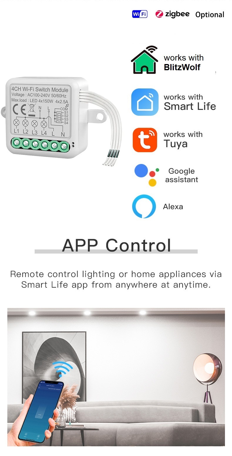Interruttore Wi-Fi 4 relè - Alexa/Google/Tuya