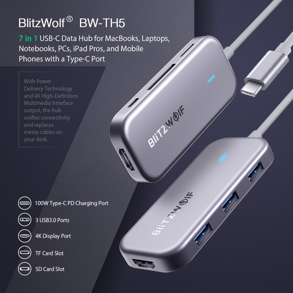 7 in 1 USB-C Data Hub BlitzWolf® BW-TH5 7 in 1 USB-C Data Hub for MacBooks, Laptops, Notebooks, PCs, iPad Pros, and Mobile Phones with a Type-C Port